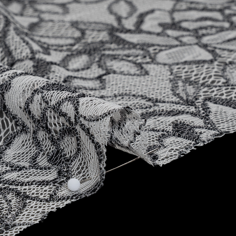 Corded Lace with Finished Edge - Black on White Sweeping Roses - Detail