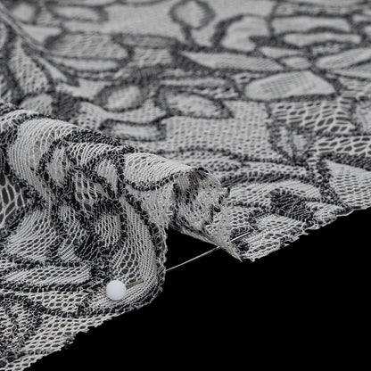 Corded Lace with Finished Edge - Black on White Sweeping Roses