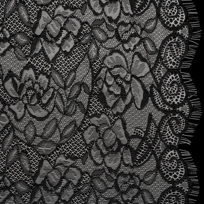 Corded Lace with Finished Edge - Black on White Sweeping Roses
