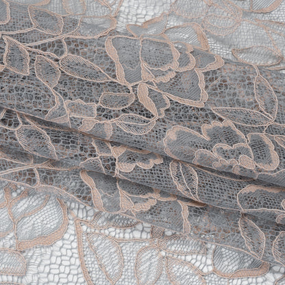 Corded Lace with Finished Edge - Seashell Pink on Dusty Blue Sweeping Roses