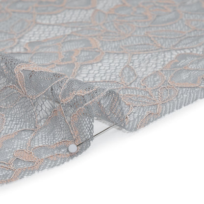 Corded Lace with Finished Edge - Seashell Pink on Dusty Blue Sweeping Roses