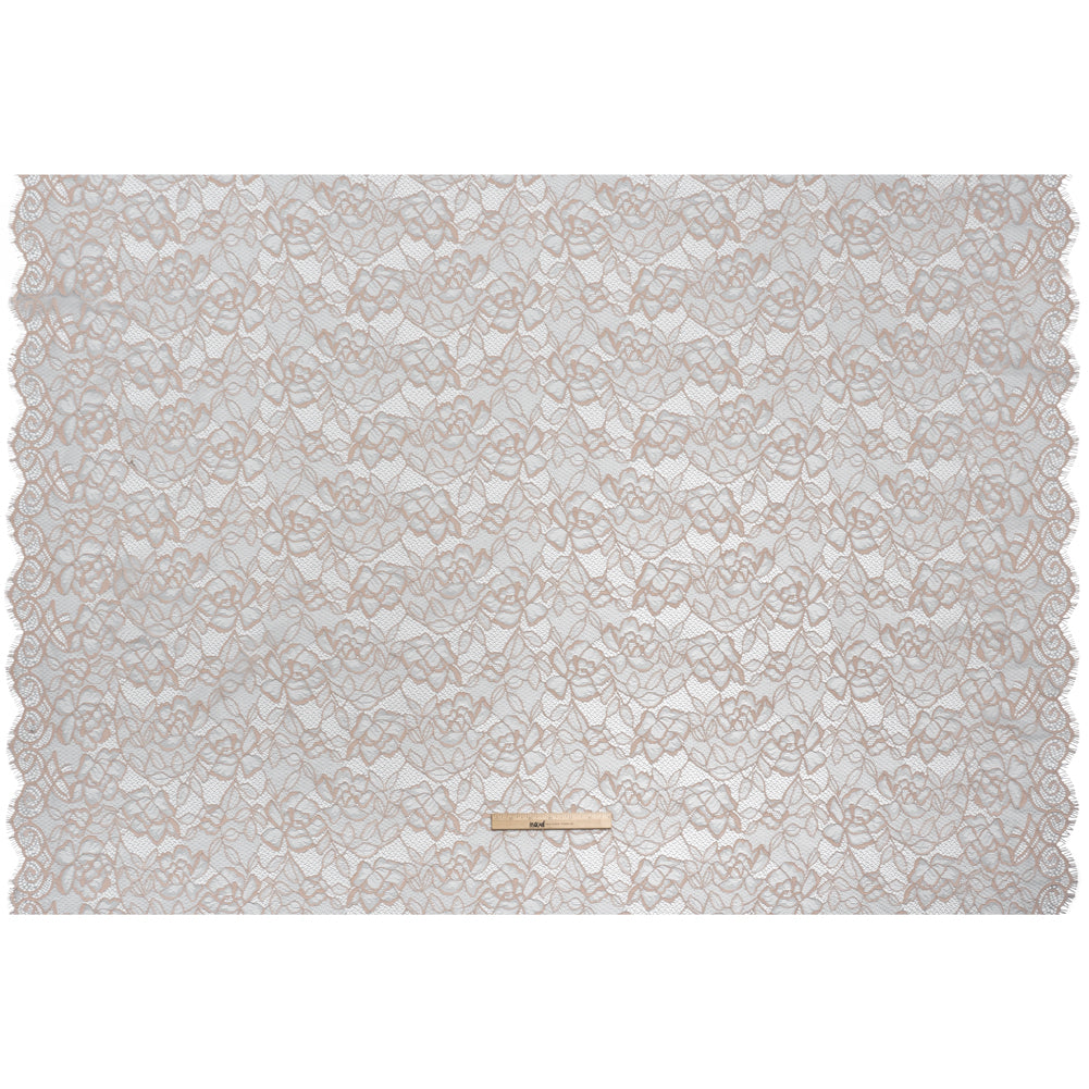 Corded Lace with Finished Edge - Seashell Pink on Dusty Blue Sweeping Roses - Full
