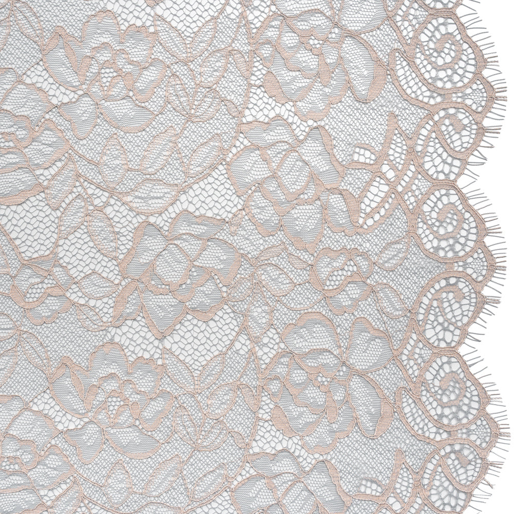 Corded Lace with Finished Edge - Seashell Pink on Dusty Blue Sweeping Roses