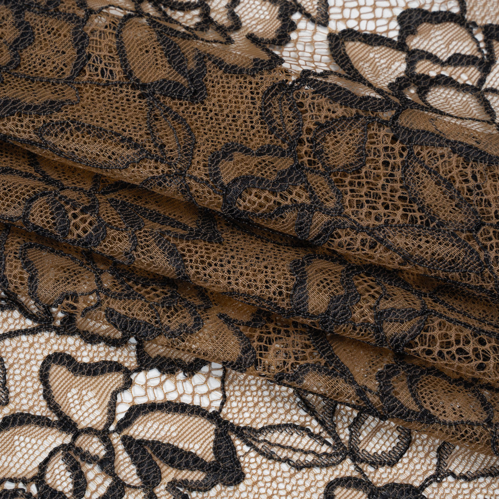 Corded Lace with Finished Edge - Black on Dark Nude Sweeping Roses - Folded