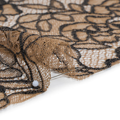 Corded Lace with Finished Edge - Black on Dark Nude Sweeping Roses