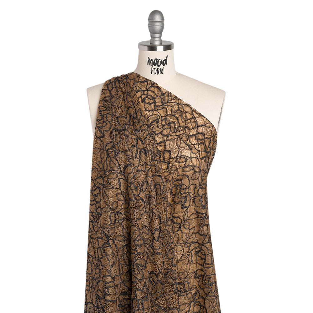 Corded Lace with Finished Edge - Black on Dark Nude Sweeping Roses - Drape