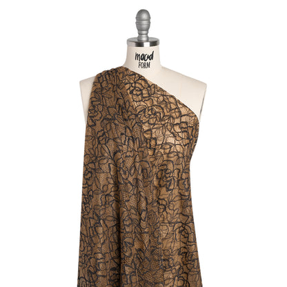 Corded Lace with Finished Edge - Black on Dark Nude Sweeping Roses