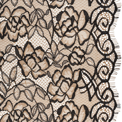 Corded Lace with Finished Edge - Black on Dark Nude Sweeping Roses