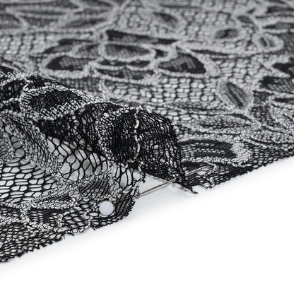 Corded Lace with Finished Edge - White on Black Sweeping Roses