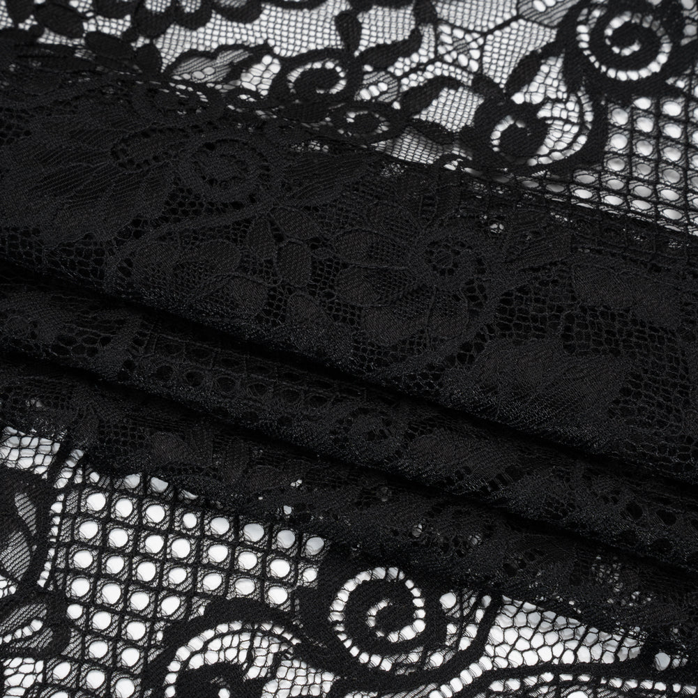 Re-Embroidered Raschel Lace with Scalloped Finished Edges - Black Leafy Swirls and Lattices