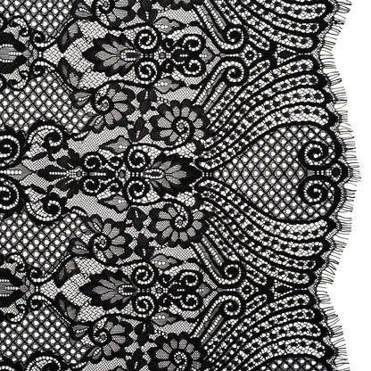 Re-Embroidered Raschel Lace with Scalloped Finished Edges - Black Leafy Swirls and Lattices
