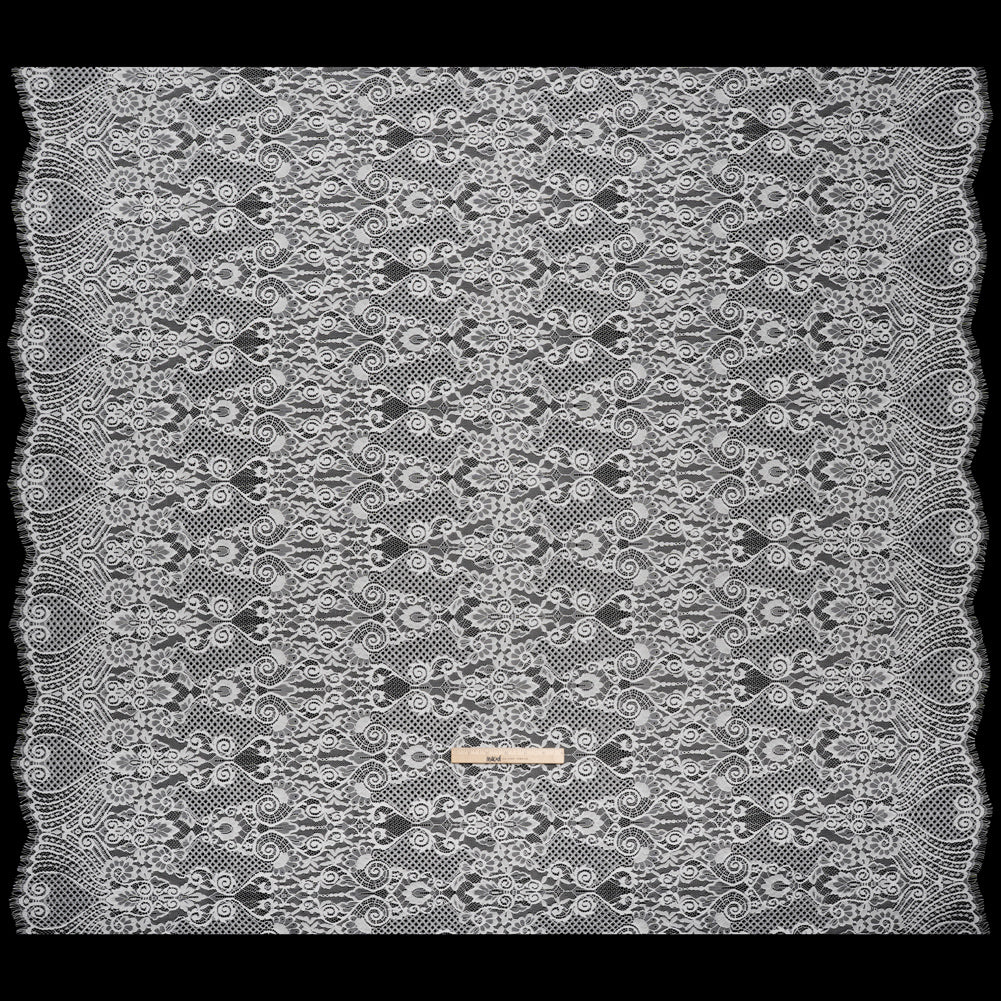 Re-Embroidered Raschel Lace with Scalloped Finished Edges - Ivory Leafy Swirls and Lattices