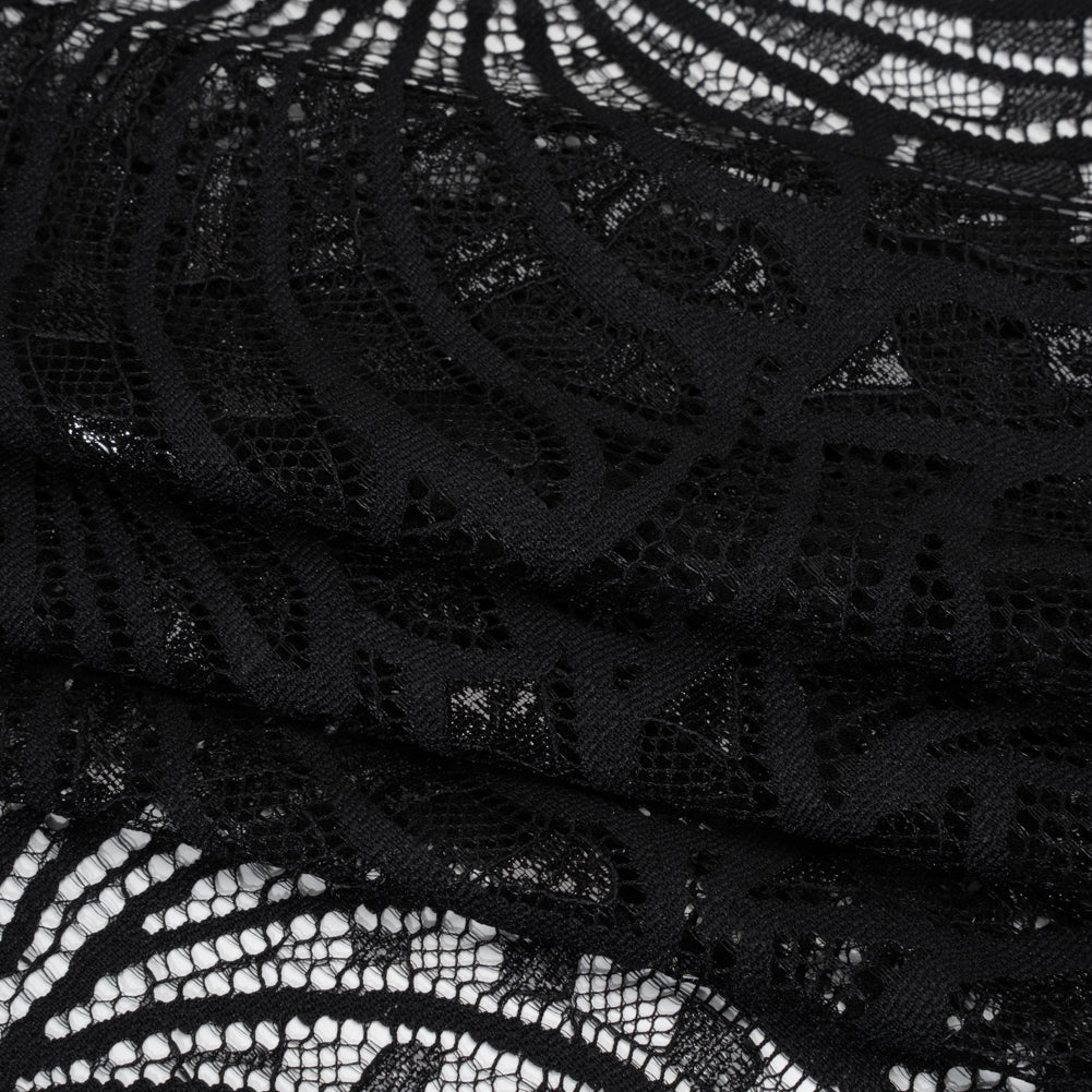 Metallic Nylon Lace with Finished Edges - Black Swirling Flowers - Folded