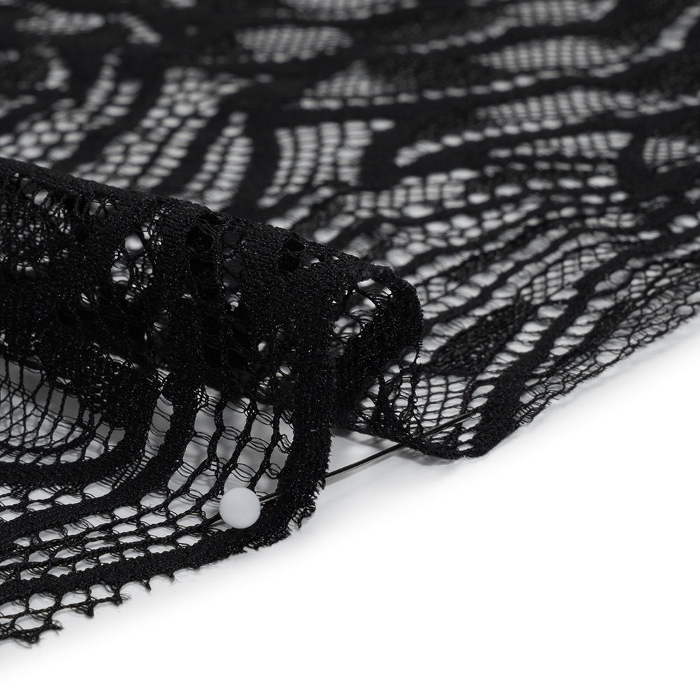 Metallic Nylon Lace with Finished Edges - Black Swirling Flowers - Detail