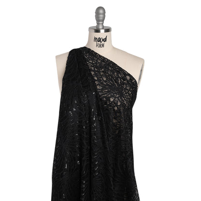 Metallic Nylon Lace with Finished Edges - Black Swirling Flowers