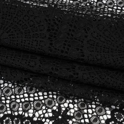 Nylon Raschel Lace Panel with Finished Scalloped Edges - Black Floral Medallions