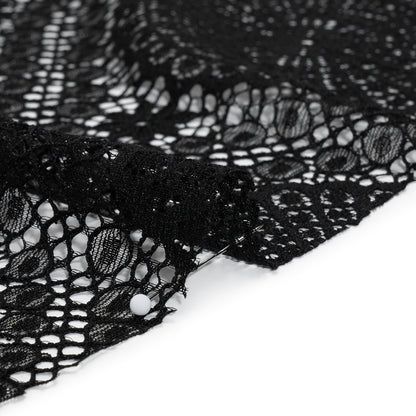 Nylon Raschel Lace Panel with Finished Scalloped Edges - Black Floral Medallions