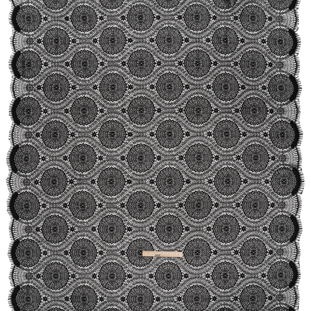 Nylon Raschel Lace Panel with Finished Scalloped Edges - Black Floral Medallions