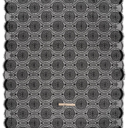 Nylon Raschel Lace Panel with Finished Scalloped Edges - Black Floral Medallions