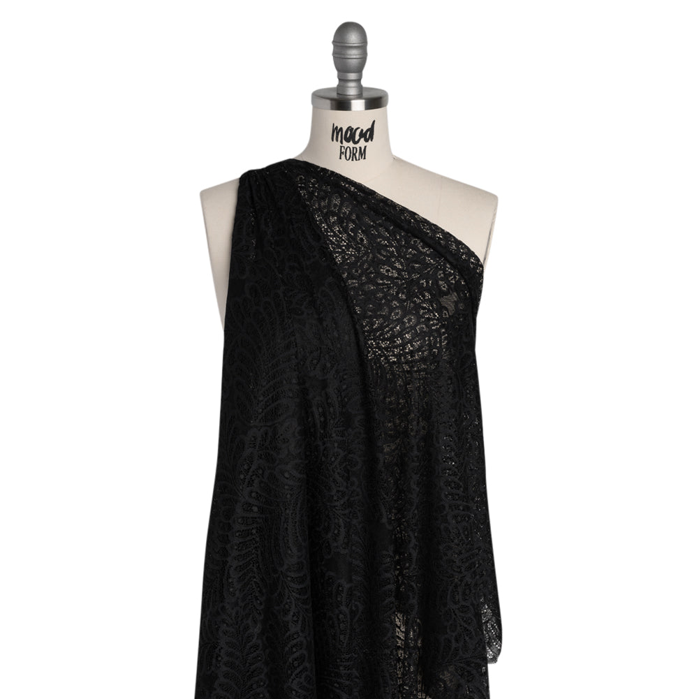 Nylon Raschel Lace Panel with Finished Scalloped Edges - Black Fern Leaves