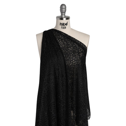 Nylon Raschel Lace Panel with Finished Scalloped Edges - Black Fern Leaves