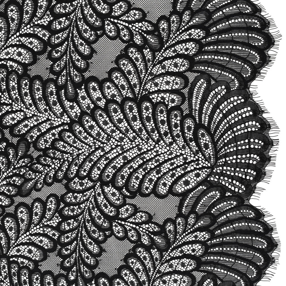 Nylon Raschel Lace Panel with Finished Scalloped Edges - Black Fern Leaves