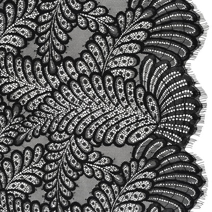 Nylon Raschel Lace Panel with Finished Scalloped Edges - Black Fern Leaves