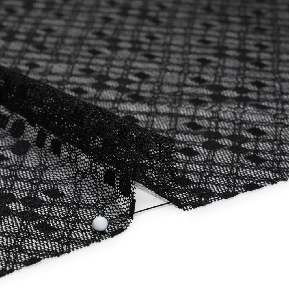Nylon Raschel Mesh Lace - Black Latticework and Dots - Detail