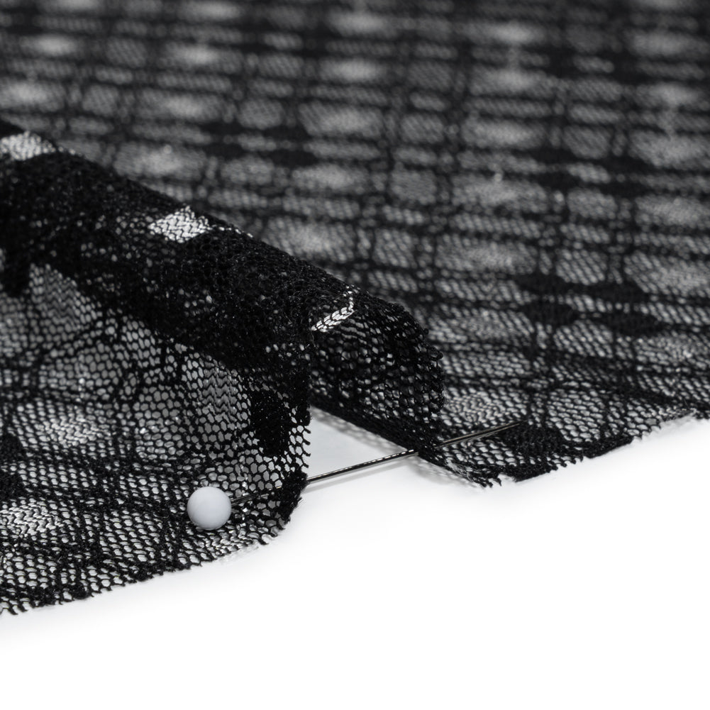 Nylon Raschel Mesh Lace - Black and White Latticework and Dots - Detail