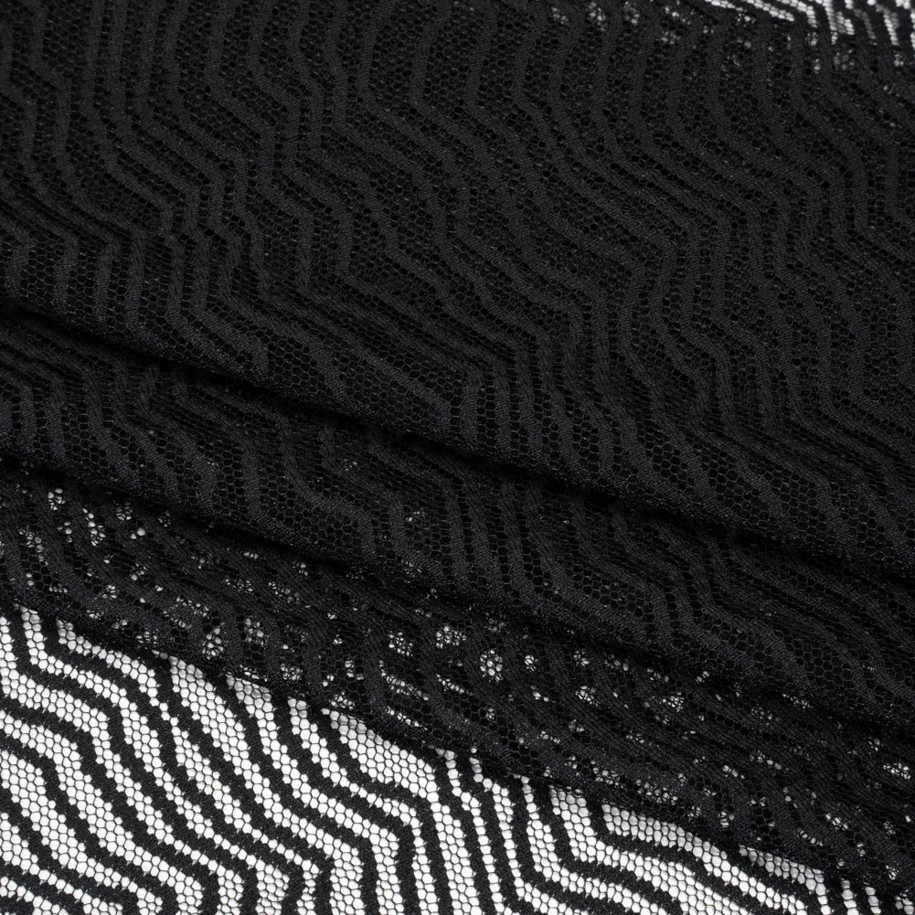 Nylon Raschel Mesh Lace - Black Erratic Zig Zags