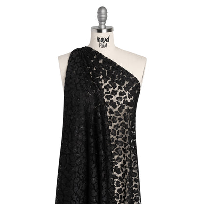 Metallic Raschel Lace with Finished Edges - Black Leopard Spots