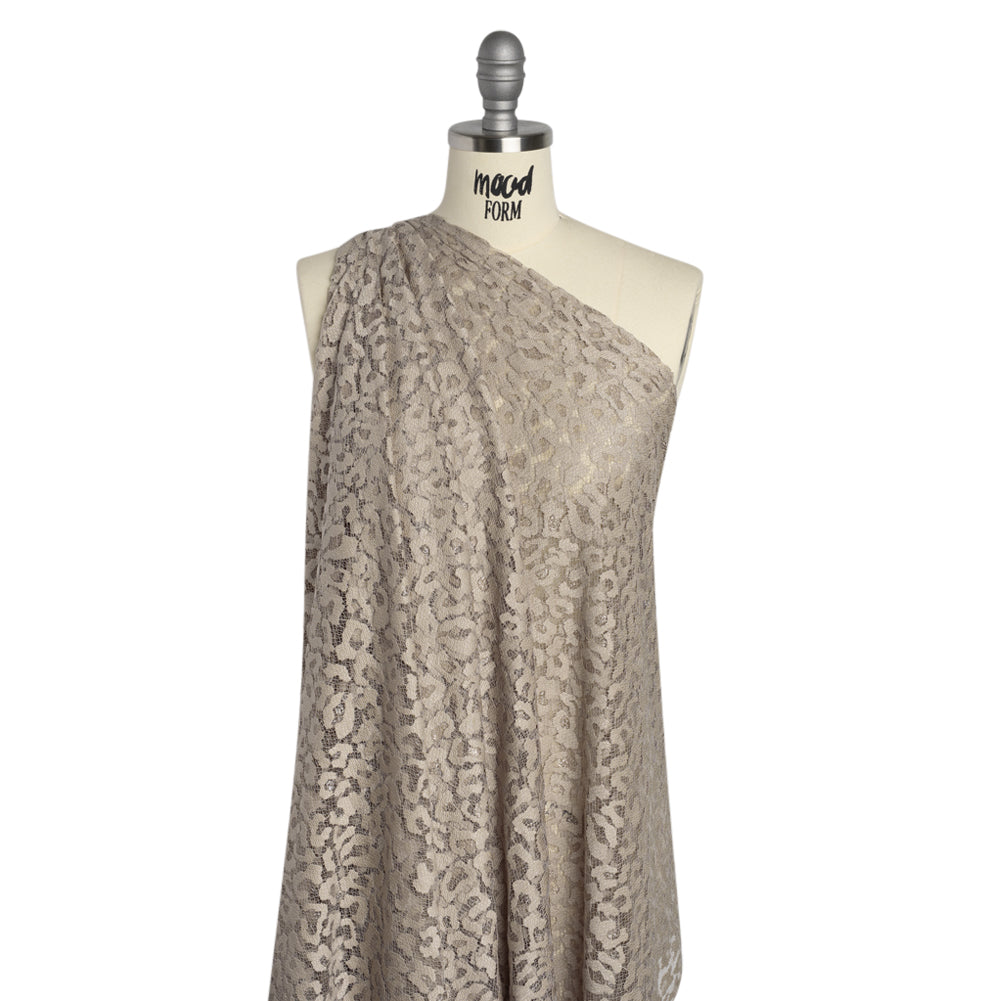 Metallic Raschel Lace with Finished Edges - Sandstone Leopard Spots - Drape