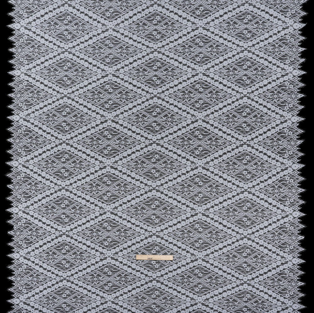 Cotton and Nylon Re-Embroidered Lace Panel with Finished Edges - Pale Blue and Ivory Diamonds and Flowers