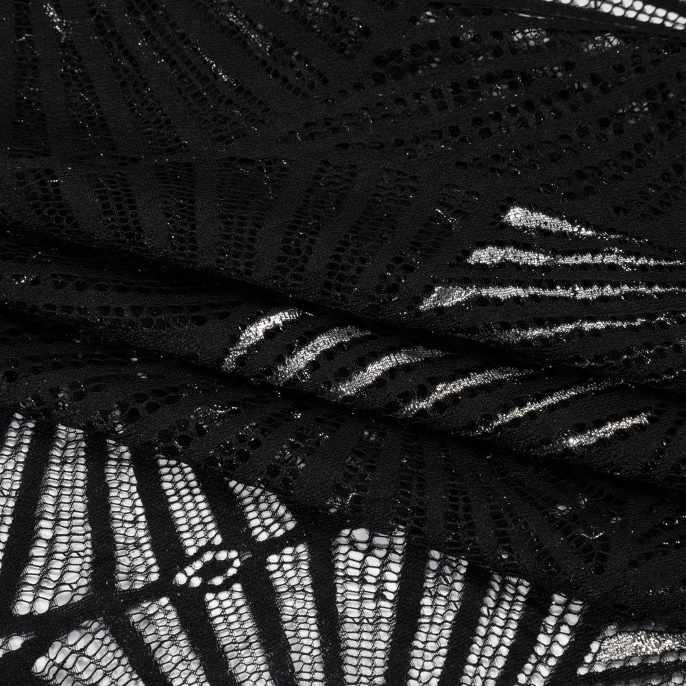 Metallic Lace Panel with Finished Edges - Silver and Black Geometric Starburst - Folded