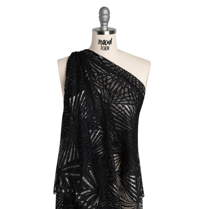 Metallic Lace Panel with Finished Edges - Silver and Black Geometric Starburst