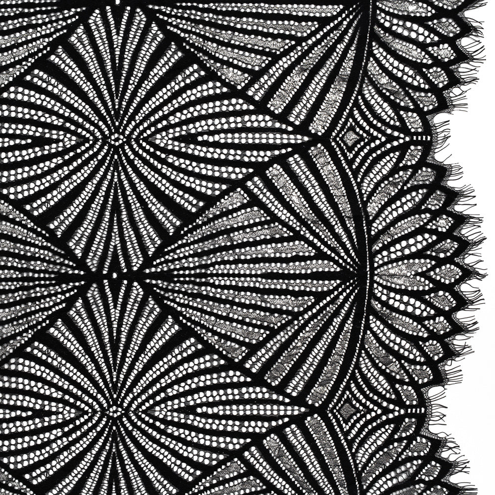 Metallic Lace Panel with Finished Edges - Silver and Black Geometric Starburst