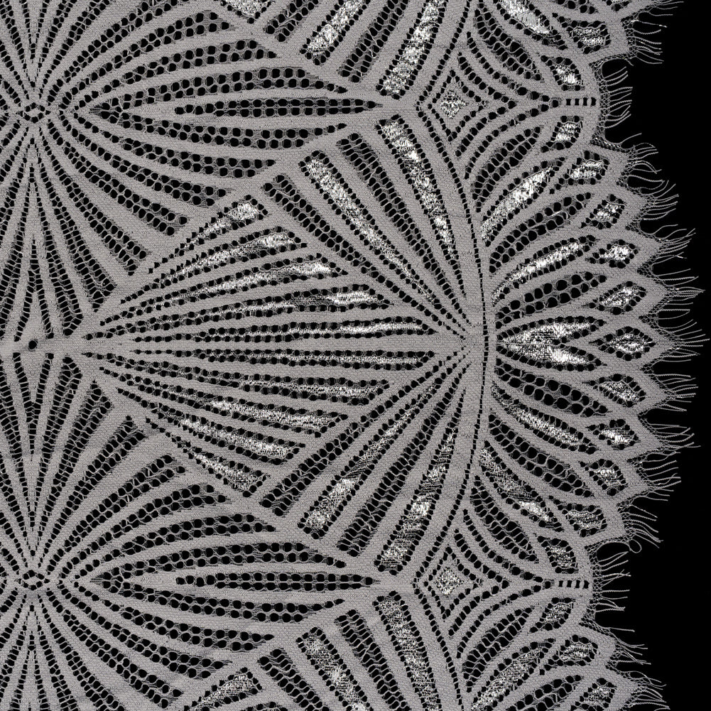 Metallic Lace Panel with Finished Edges - Silver and Gray Geometric Starburst