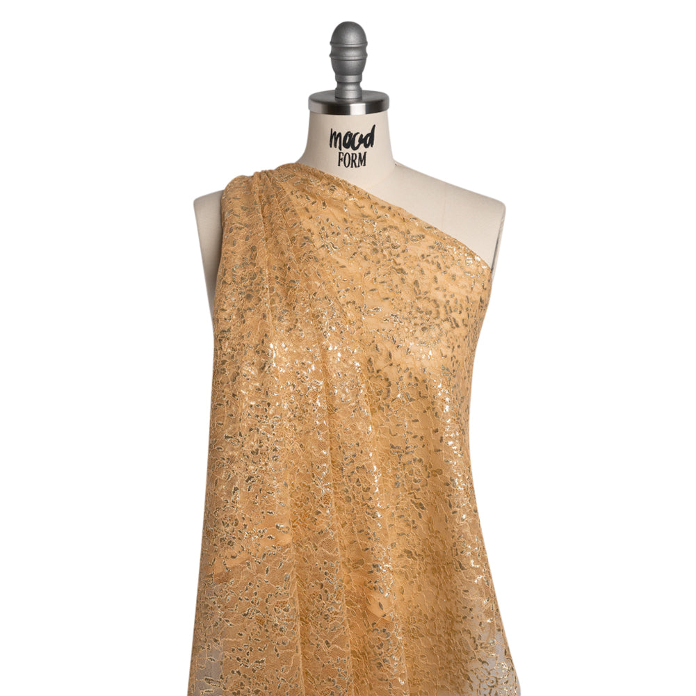 Metallic Re-Embroidered Lace Panel with Finished Edges - Apricot Ice and Gold Floral Vines