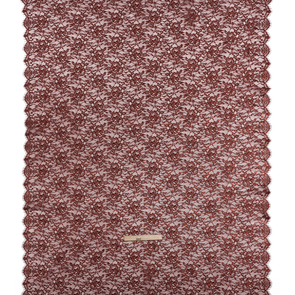 Metallic Re-Embroidered Lace Panel with Finished Edges - Burgundy Floral Vines - Full