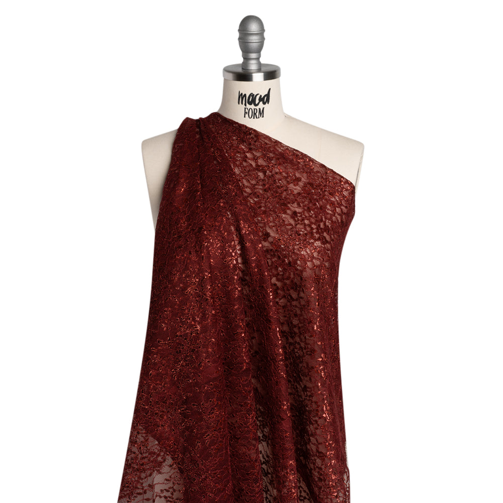 Metallic Re-Embroidered Lace Panel with Finished Edges - Burgundy Floral Vines - Drape