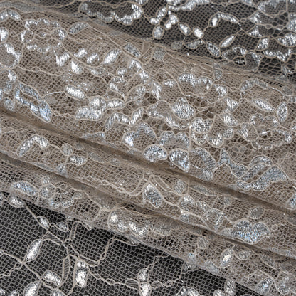 Metallic Re-Embroidered Lace Panel with Finished Edges - Sandstone and Silver Floral Vines
