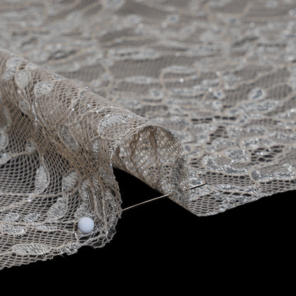 Metallic Re-Embroidered Lace Panel with Finished Edges - Sandstone and Silver Floral Vines