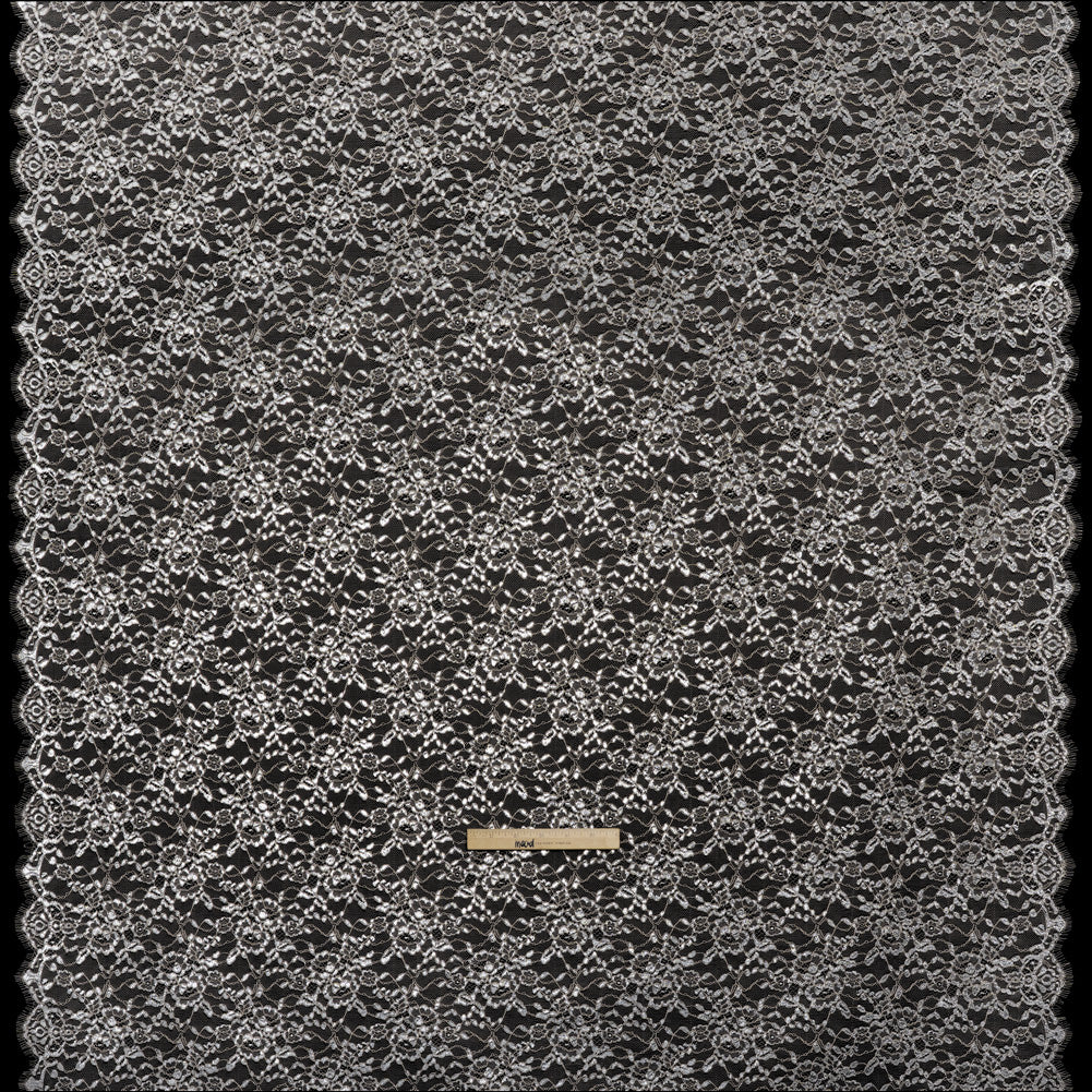 Metallic Re-Embroidered Lace Panel with Finished Edges - Sandstone and Silver Floral Vines - Full