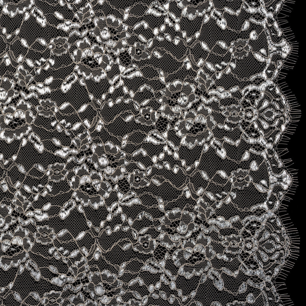 Metallic Re-Embroidered Lace Panel with Finished Edges - Sandstone and Silver Floral Vines