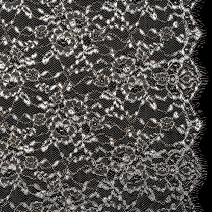 Metallic Re-Embroidered Lace Panel with Finished Edges - Sandstone and Silver Floral Vines