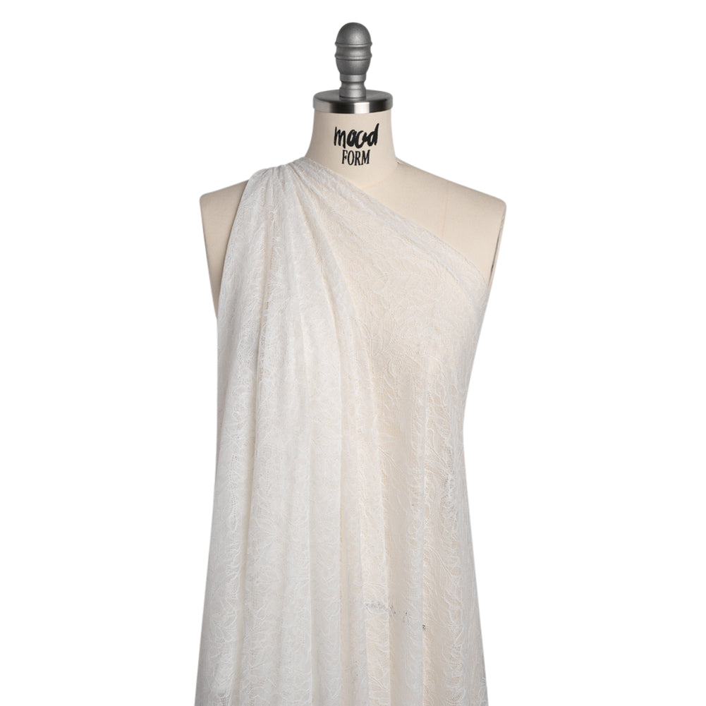 Nylon Re-Embroidered Lace with Finished Edges - Ivory Leafy Stems - Drape