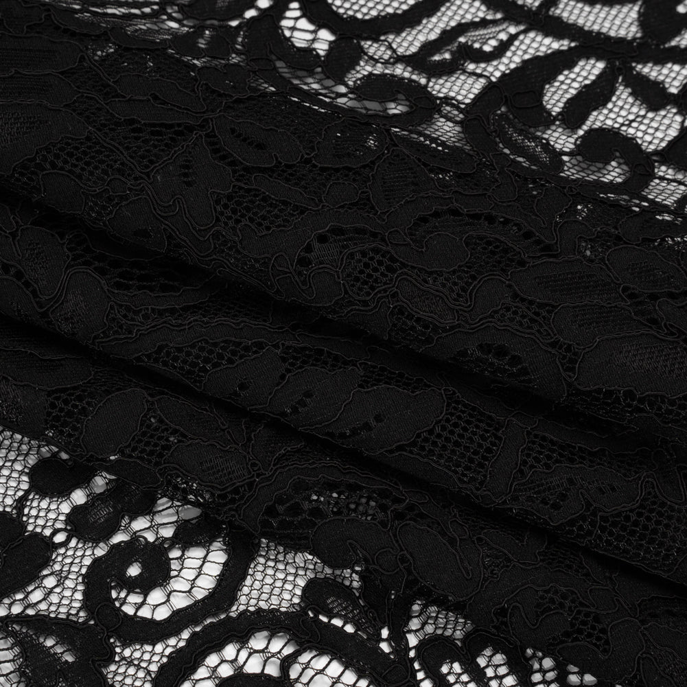 Corded Lace with Finished Edges - Black Flowering Vines