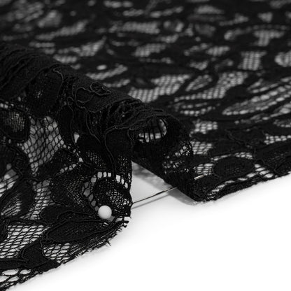 Corded Lace with Finished Edges - Black Flowering Vines