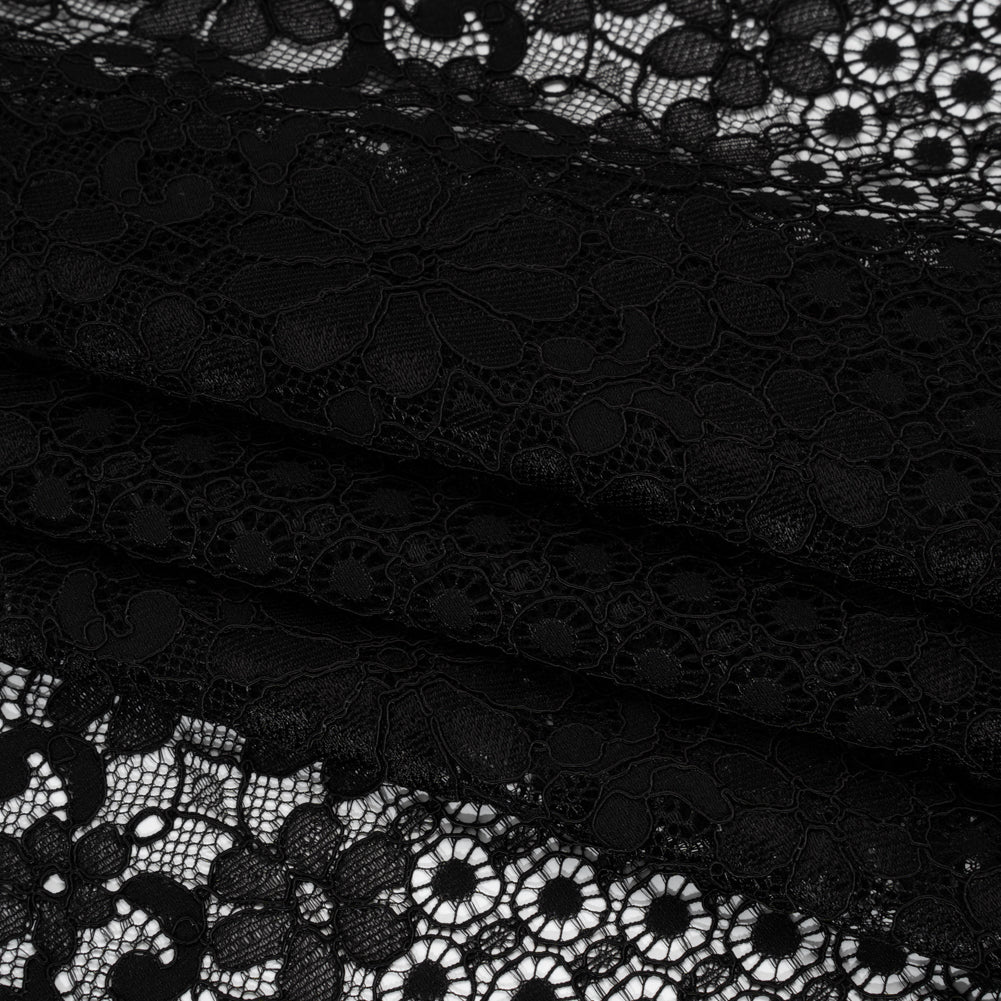 Rayon and Nylon Corded Lace with Scalloped Finished Edges - Black Flower and Dot Stripes