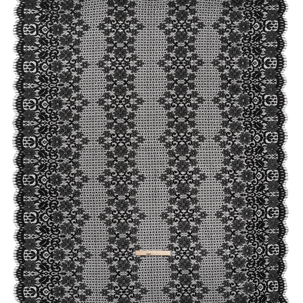 Rayon and Nylon Corded Lace with Scalloped Finished Edges - Black Flower and Dot Stripes